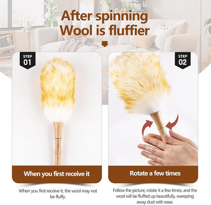 Lambswool Duster for Cleaning with Solid Wooden Handle Leather Hang Strap 87.8" Removable Retractable Feather Duster for Cleaning Ceiling Fans Window Blinds Interior Roof Furniture(2 Pack)
