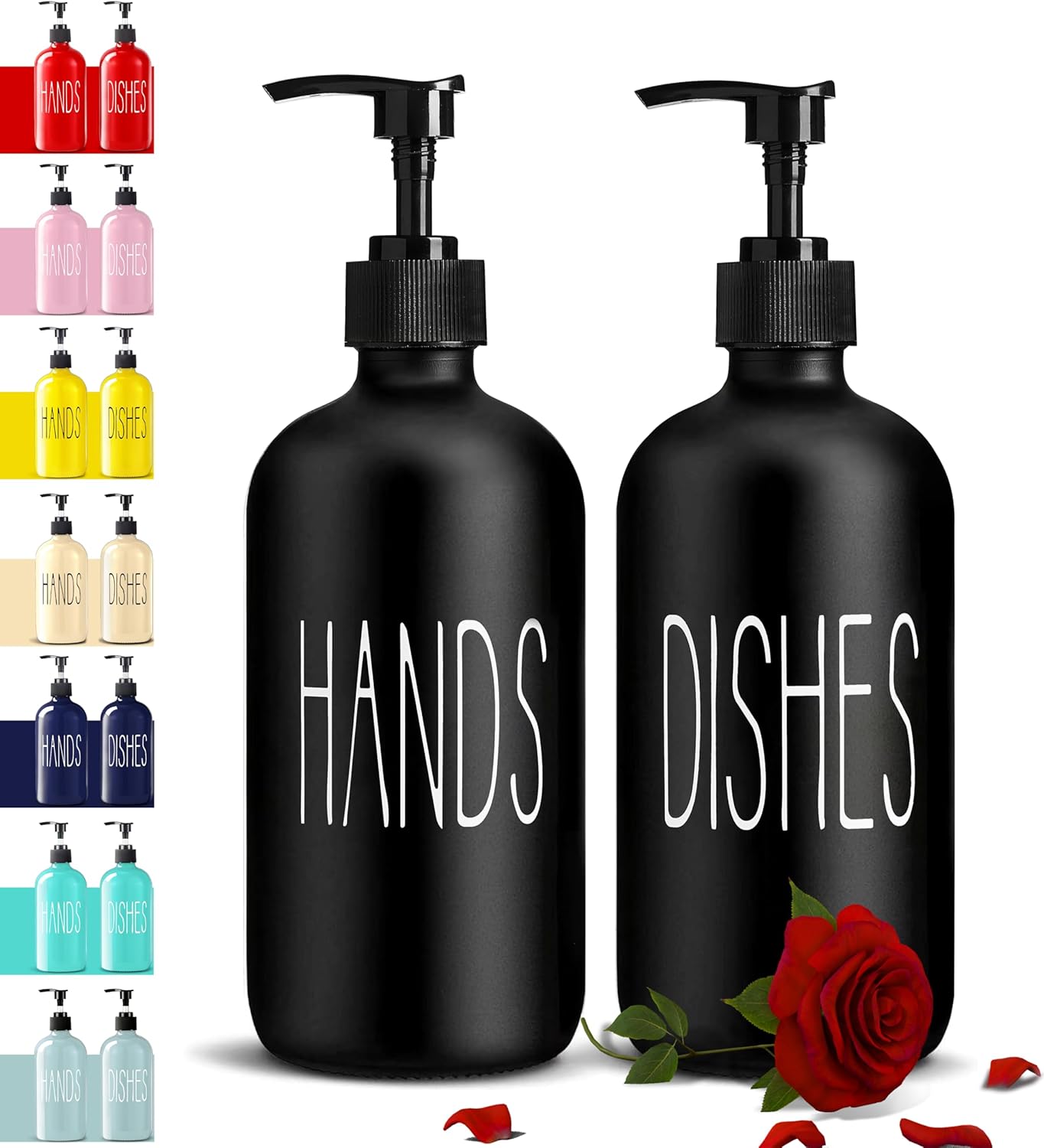 COHOSEGE Glass Soap Dispenser Set 2 Pack,Contains Hand and Dish Soap Dispenser.Premium 16 Oz Black Kitchen Soap Dispenser Set for Kitchen Sink and Farmhouse Decor