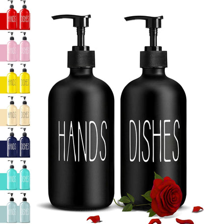 COHOSEGE Glass Soap Dispenser Set 2 Pack,Contains Hand and Dish Soap Dispenser.Premium 16 Oz Black Kitchen Soap Dispenser Set for Kitchen Sink and Farmhouse Decor