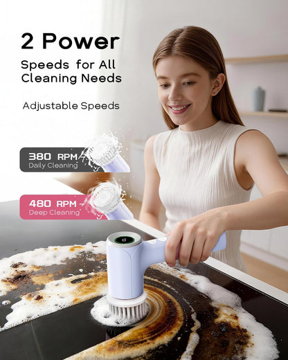 PUFTEM Upgraded Electric Spin Scrubber, Powerful Cordless Shower Scrubber with 4500mAh Large Battery & Speed Display, 6 Replaceable Brush Heads, Cleaning Brush for Bathroom Tile Tub Floor (White)