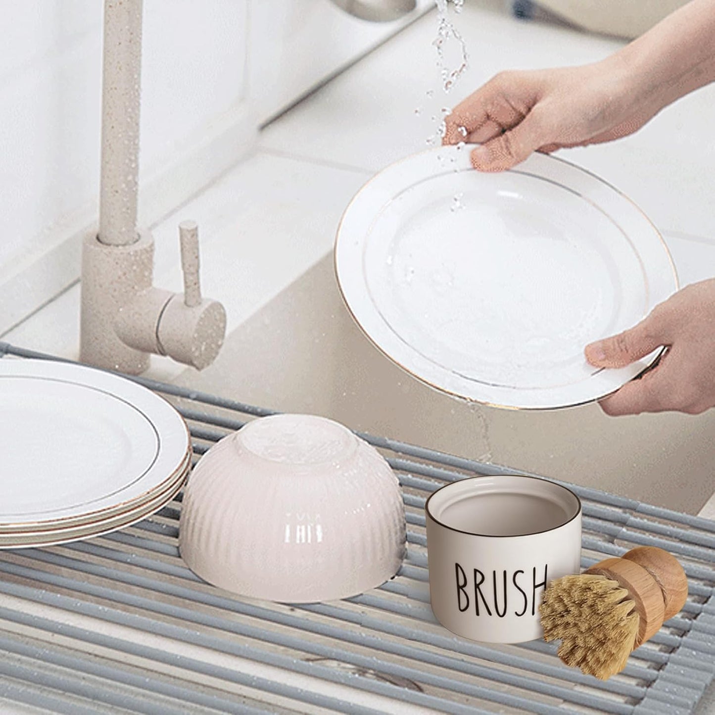 ONTUBE Ceramic Dish Brush Holder, Farmhouse Scrub Brush Holder Dishwashing Brush Stand, Soap Dispensing Kitchen Brushes Holder (White)