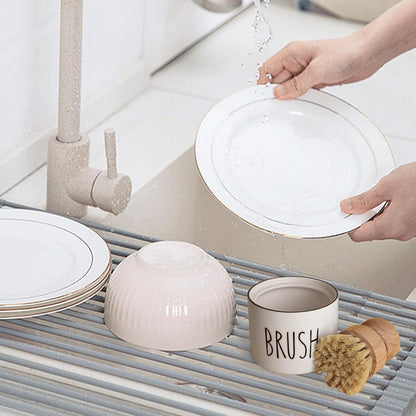 ONTUBE Ceramic Dish Brush Holder, Farmhouse Scrub Brush Holder Dishwashing Brush Stand, Soap Dispensing Kitchen Brushes Holder (White)