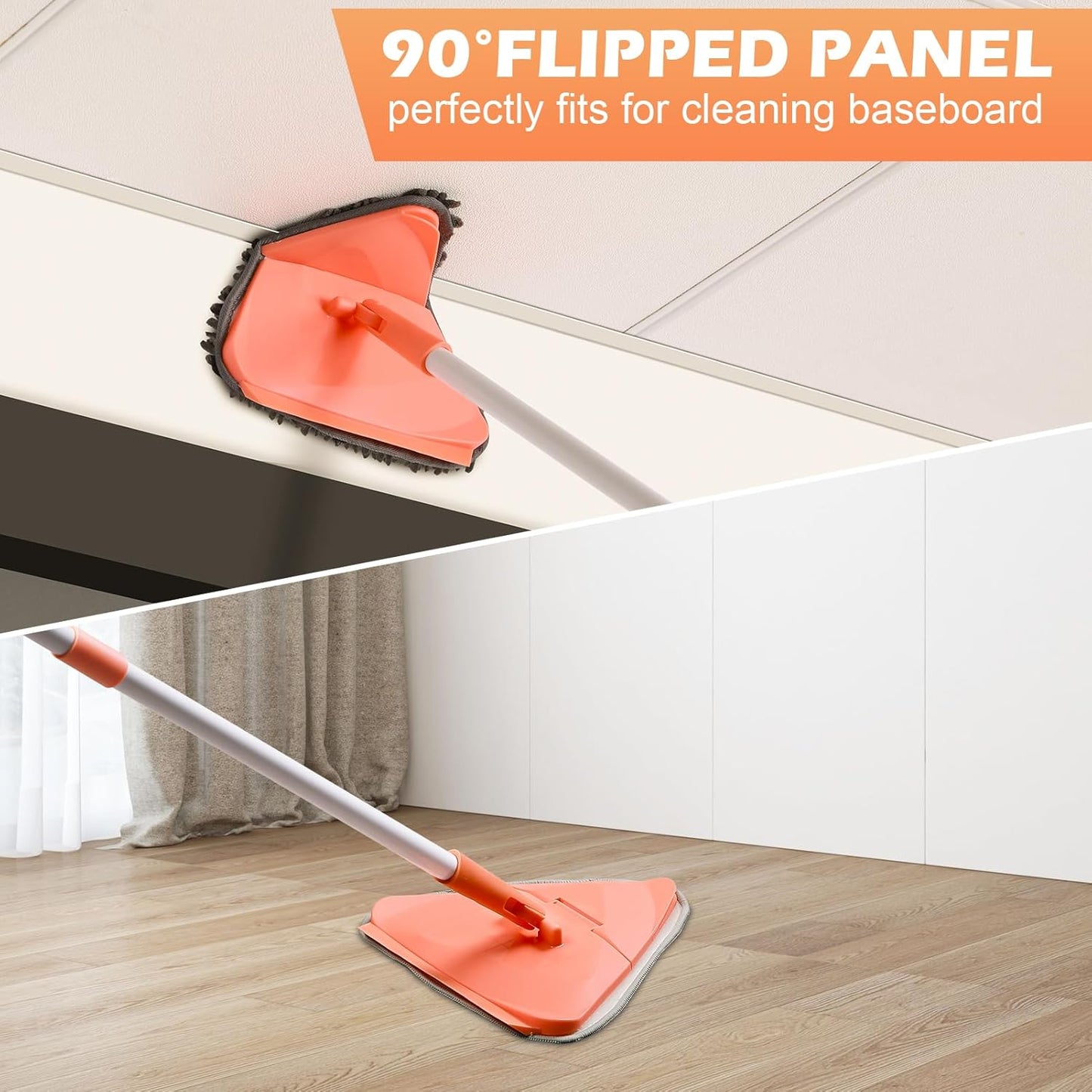 Wall Cleaner Triangle Mop with 82'' Long Handle - Wall Scrubber, Cleaning Washer Tool with 4 Microfiber Chenille Duster Pads for Clean Walls, Ceiling, Windows, Baseboards, Floors (Green, 4 Pads)