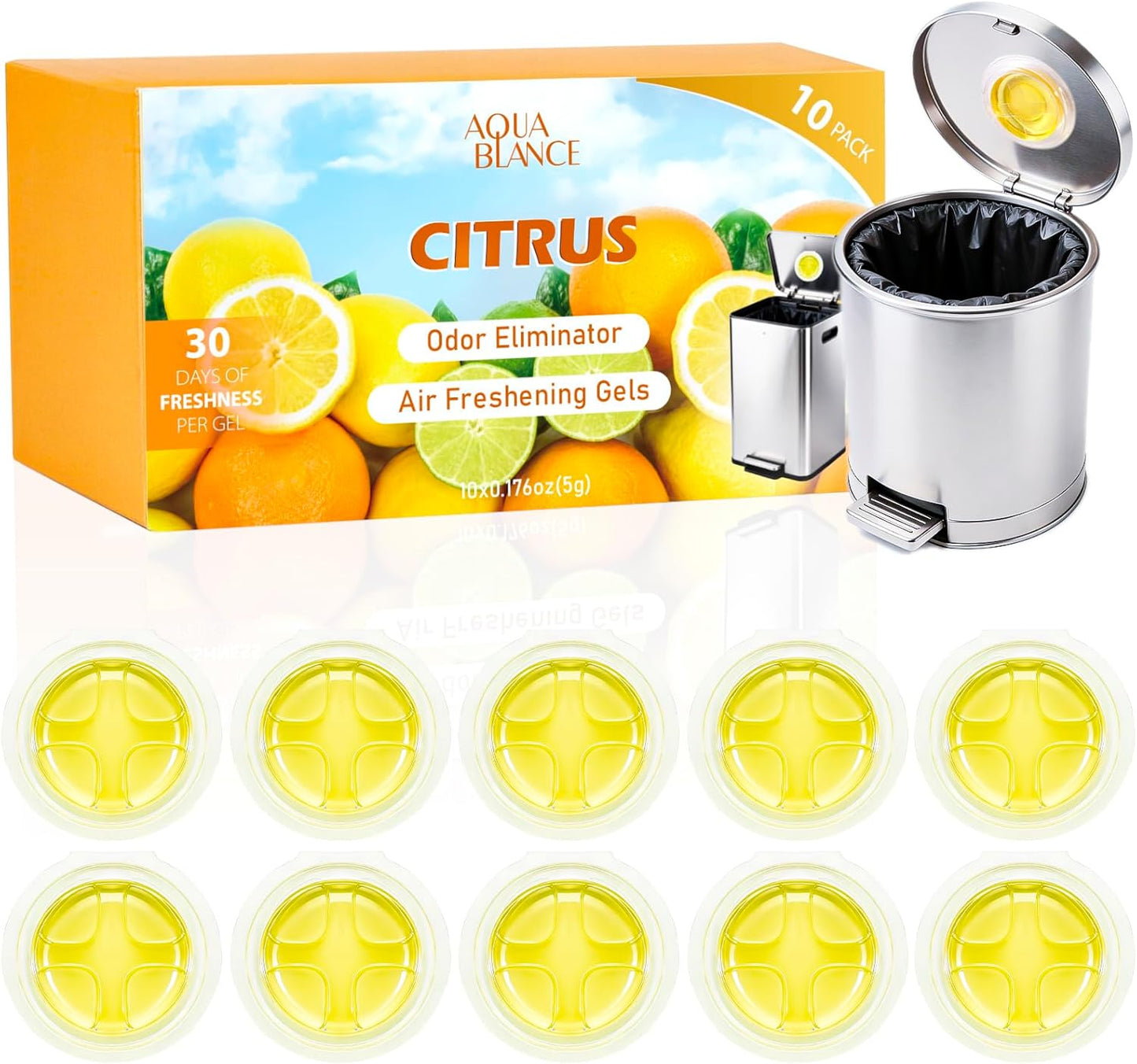 10 Pack Trash Can Deodorizer, Citrus Scent Stick-On Gel Air Freshener Up to 30 Days, Long Lasting Odor Absorber for Kitchen Garbage Bin, Bathroom, Diaper Pail, Closet, Each 0.176 Oz