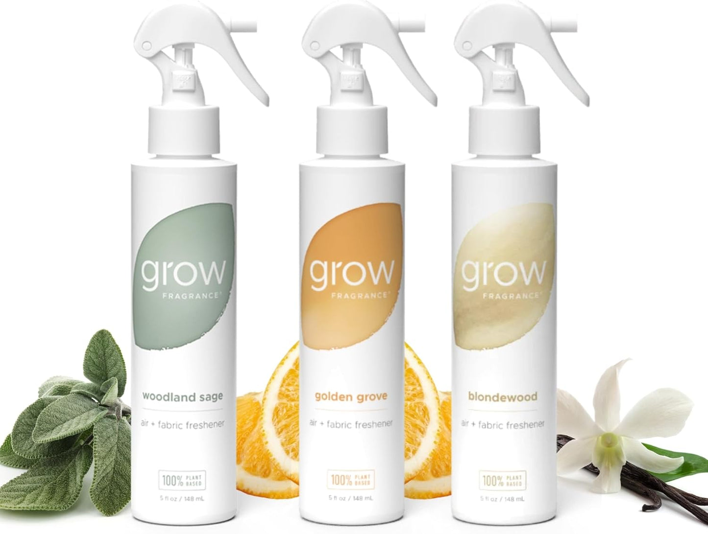Grow Fragrance Scented Fabric and Room Air Freshener Spray - Certified Non-Toxic, 100% Plant-Based Essential Oils - 5 oz (Blondewood + Woodland Sage 2-Count)