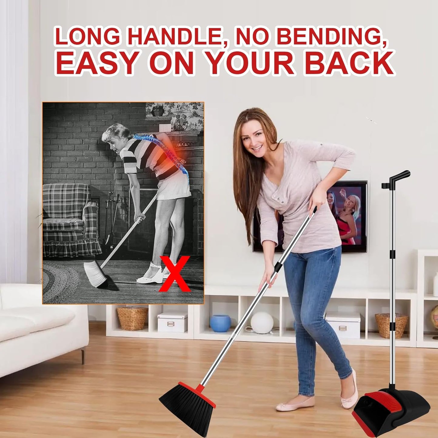 Broom and Dustpan Set, Household Broom with Dustpan Combo Set, 51" Long Handle, Dust Pan Set for Kitchen Office Lobby Floor