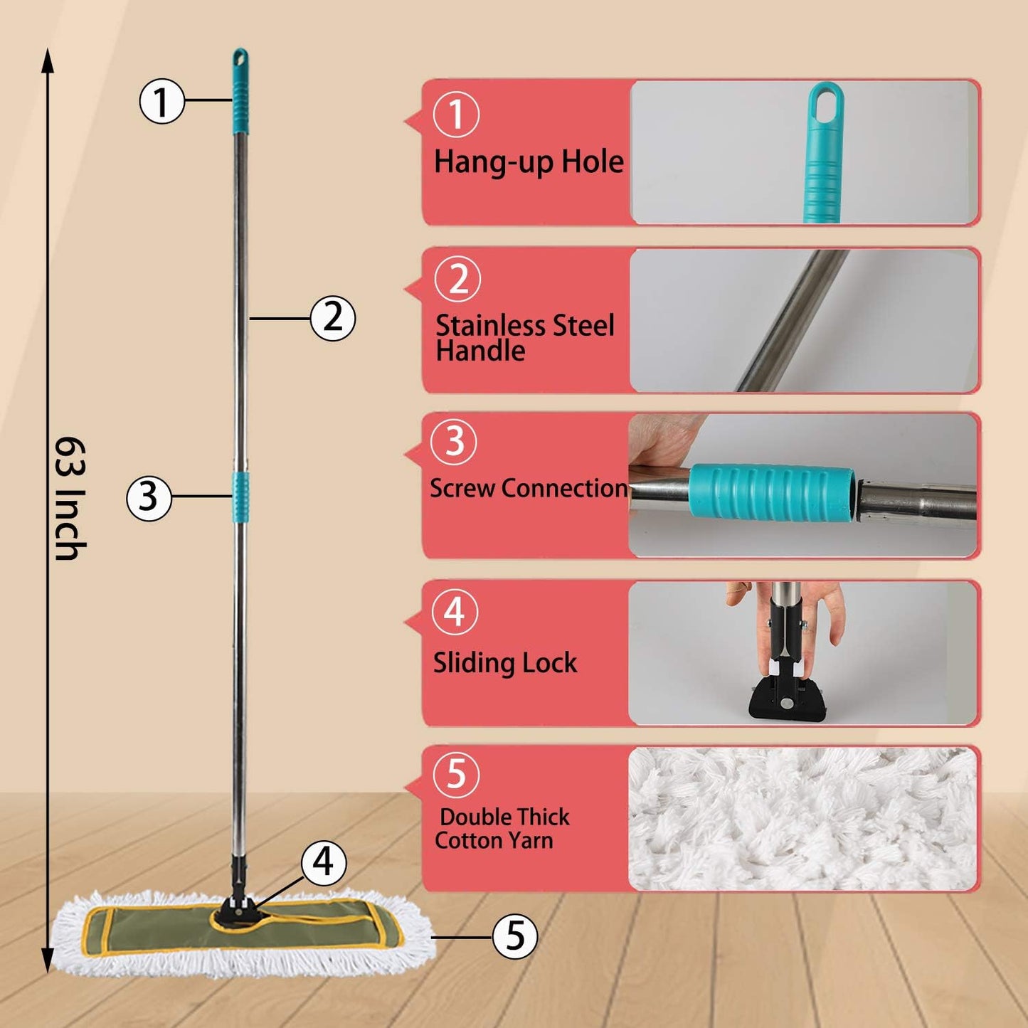 OFO 36inch Industrial Commercial Dust Mop 2 Sets //Heavy Duty Dust Mop // 63inch Length Stainless Steel Handle //Easily Clean Large Area Factory,Shopping Mall,Garage