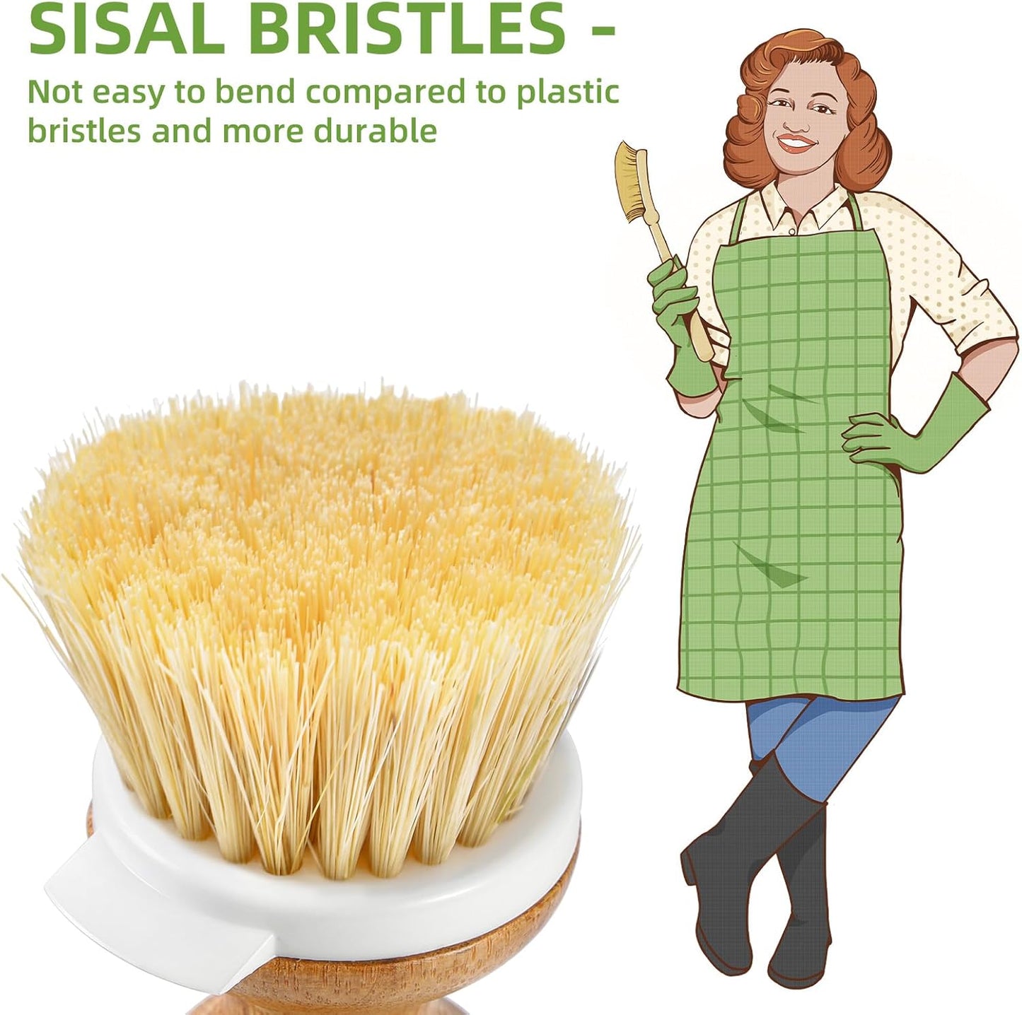 SUBEKYU Bamboo Dish Brush, Kitchen Dish Scrubber Brush, Natural Wooden Dishwashing Brush for Cleaning Dishes/Pans/Pots, Built-in Scraper, Sisal Bristles,1 Set