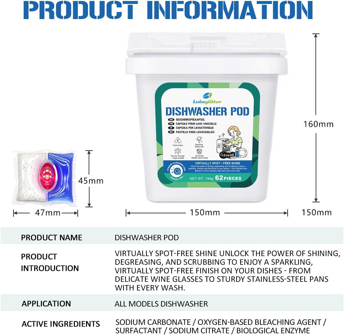 Dishwasher Pods 62 Count, Scrubbing Power, No Pre-Rinse Dishwasher Detergent Soap Removes Burnt-On Stain