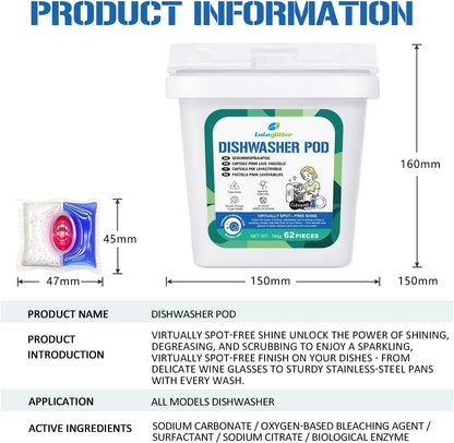 Dishwasher Pods 62 Count, Scrubbing Power, No Pre-Rinse Dishwasher Detergent Soap Removes Burnt-On Stain