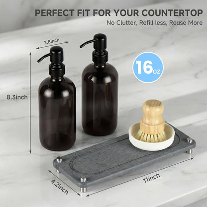 2 Pack Kitchen Soap Dispenser Set - 16oz Amber Glass Dish and Hand Soap Dispenser with Stainless Steel Pump, Instant Dry Tray, Dish Brush & Holder, Refillable Countertop Sink Decor for Kitchen & Bath