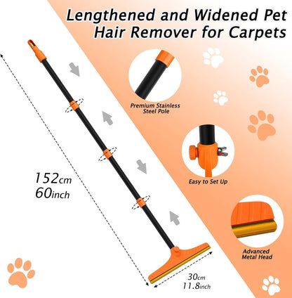 Carpet Rake for Pet Hair Removal - Reusable Pet Hair Remover, 60” Adjustable Long Handle Cat Dog Carpet Rake Scraper with Patented Design, Dog Hair Rake Brush for Rugs, Mats