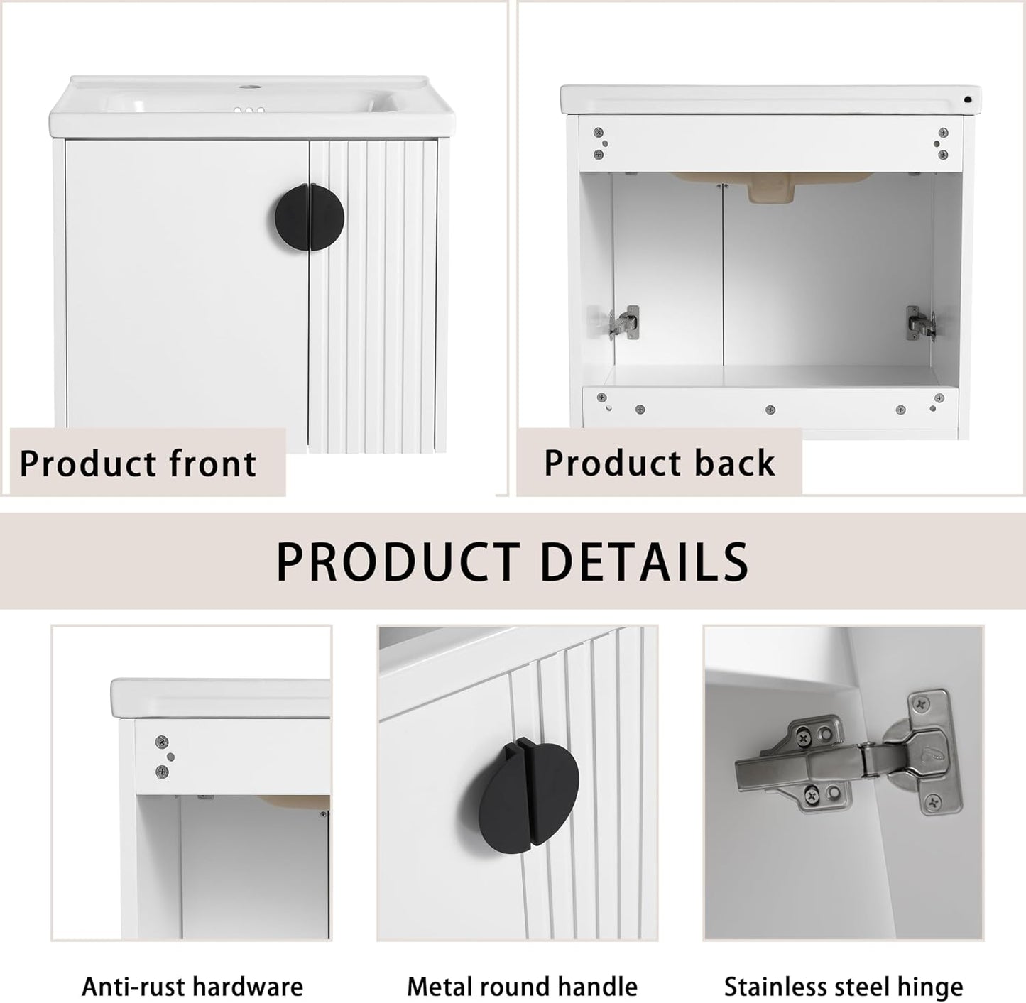 SSLine Modern 24-Inch Bathroom Vanity with Sink Wall Mounted Bathroom Vanity with Top Basin & Storage Cabinet White Wood Floating Vanity w/Ceramic Sink & Gold/Black Handles for Small Space