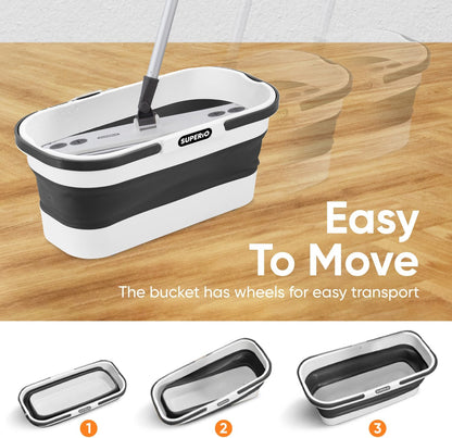Superio Fold N' Go 10L Collapsible Mop Bucket with Wheels, Self-Wringing Microfiber Flat Mop & 8"x4.5" Reusable Pad - Portable, Hands-Free Cleaning Set for Home & Outdoor Use