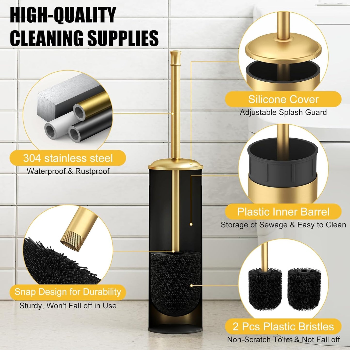 BESy Toilet Brush and Holder, Toilet Cleaner Bowl Set with Two Brush with Extra Long Handle, Durable Bristles Toilet Scrubber and Covered Holder, Drip-Proof Stainless Steel Oil Rubbed Bronze