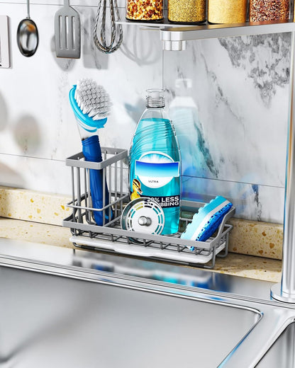 Consumest Sink Caddy, Kitchen Sponge Holder with Dish Brush Holder, Kitchen Organizer with Drip Tray for Countertop, Stainless Steel Rustproof - Silver