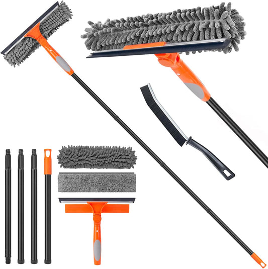 Floor Squeegee for Concrete and Tile Cleaning, 24'' Rubber Wiper Broom, Large Heavy Duty Water Scraper with 60'' Long Handle for Garage, Deck, Bathroom, Shower Glass, Window