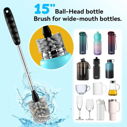 SLUXKE Bottle Brush Set with Straw Cleaner Brush and 3 in 1 Cup Lid Cleaning Brush, Bottle Brush Cleaner with Long Handle for Cleaning Cup, Water Bottles, Tumblers, Baby Bottles
