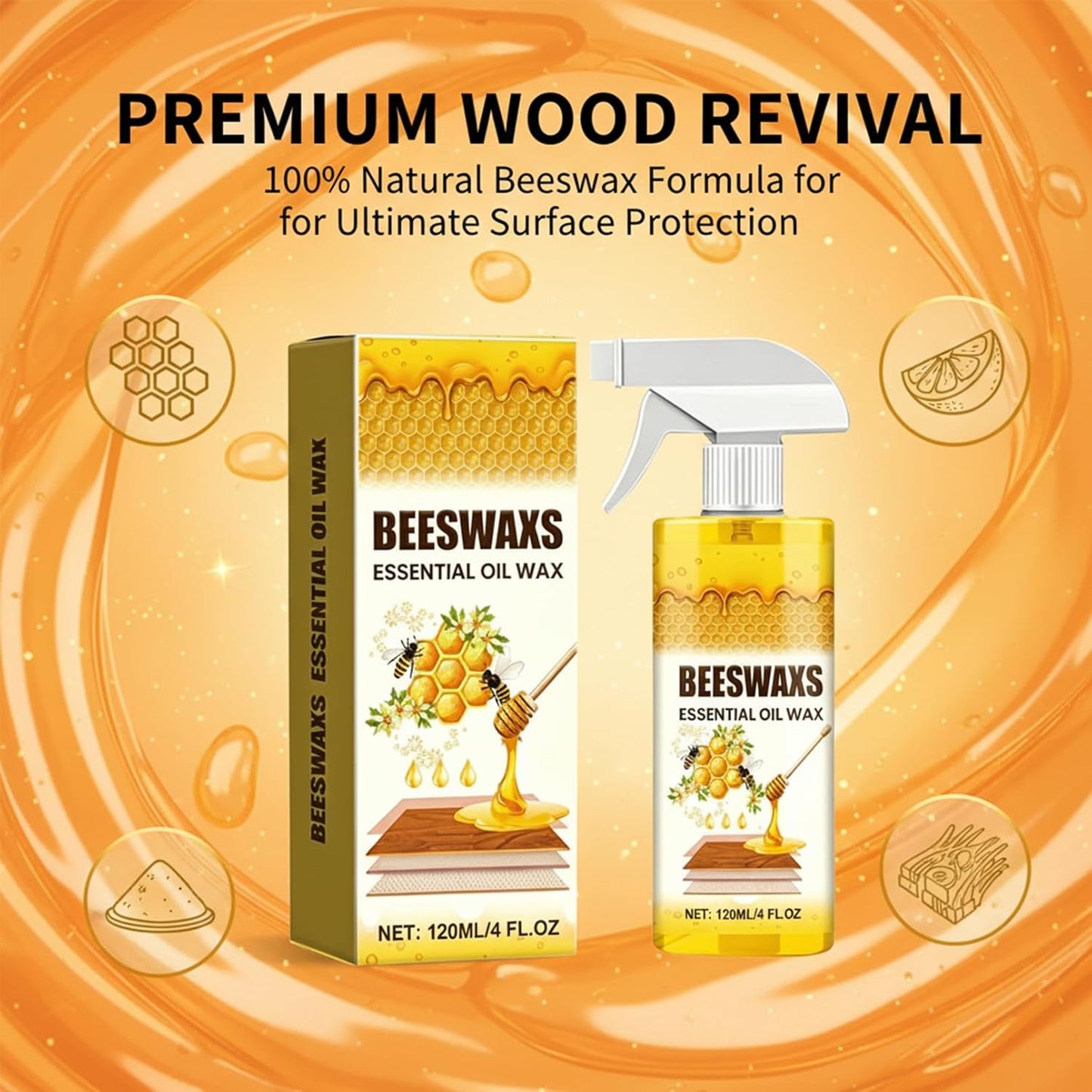 Beeswax Wood Polish Spray, Bees Wax Furniture Polish and Cleaner with Sponge & Towel, Wood Cleaner for Floors, Cabinets, Tables, Doors, Laminate and Finished Wood Surfaces, Citrus Scent, 120ML