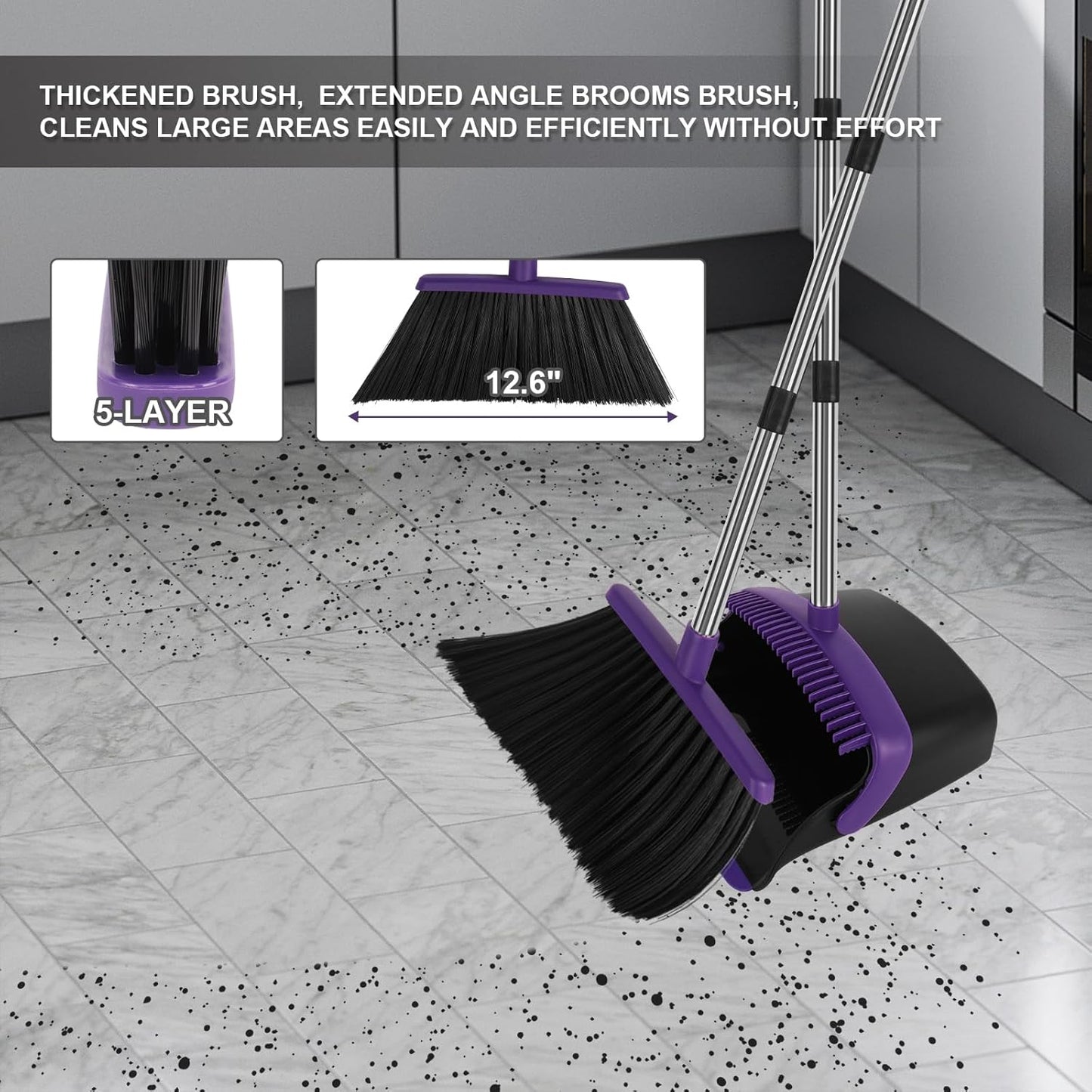Broom and Dustpan Set, Household Broom with Dustpan Combo Set, 51" Long Handle, Dust Pan Set for Kitchen Office Lobby Floor