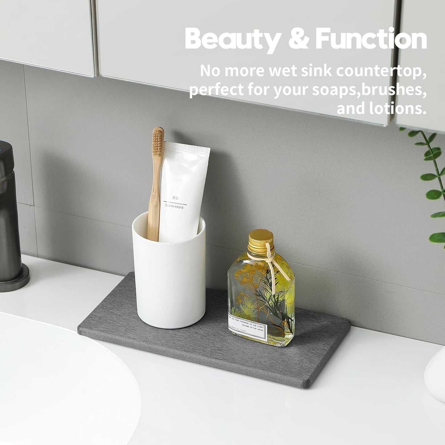 2PCS Water Absorbing Stone Drying Tray for Kitchen Counter & Bathroom Sink, Diatomite Faucet Splash Guard, Soap Dispenser Rack & Sponge Holder Caddy Organizer, Marble White (Printed Pattern), 9"x 3.5"