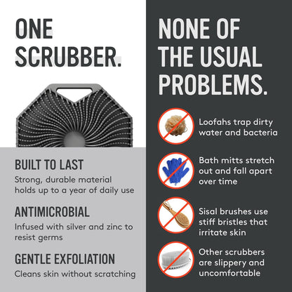 Sud Scrub® Antimicrobial Silicone Body Scrubber, Exfoliating Body Brush for Sensitive Skin, Antibacterial Shower Scrubber for Body, Bathroom Essentials for Men & Women, Charcoal