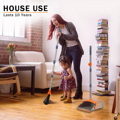 2-Pack is More economical,Brooms with Dustpan Combo Set， with 52" Long Handle, Dustpan Teeth with self-Cleaning Function, Indoor and Outdoor Sweeping, Perfect for Home Office (Large/Red /2-Pack)