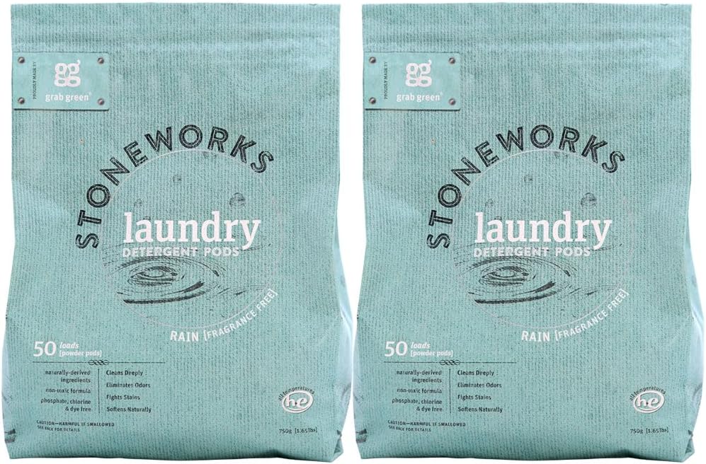 Grab Green Stoneworks Laundry Detergent Pods, 100 Count, Birch Branch Scent, Plant and Mineral Based, Cleans Deeply, Eliminates Odors, Fights Stains