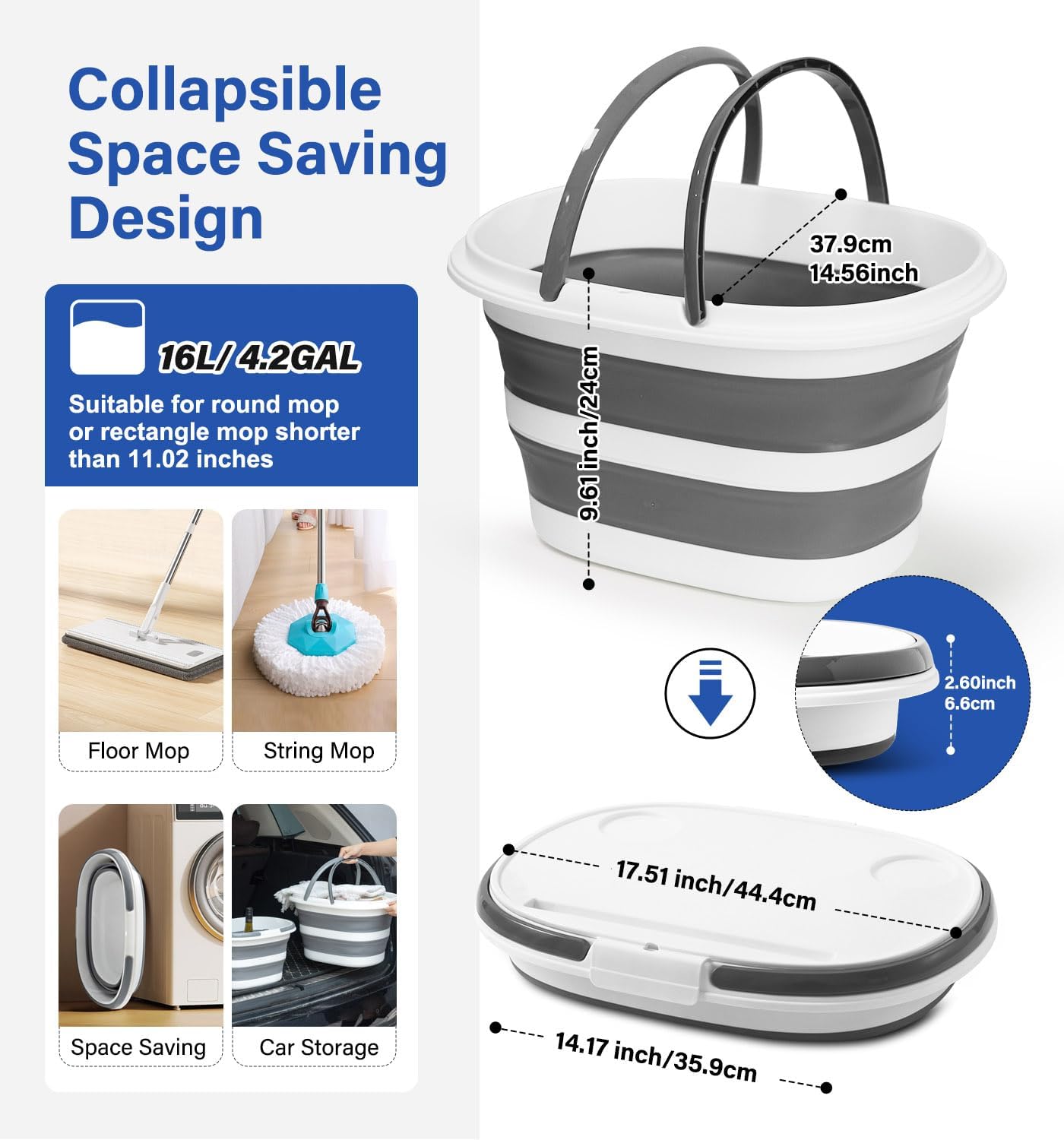 16L Collapsible Mop Bucket with Handles - Space Saving Foldable Silicone Tub for Cleaning, Laundry, Storage - Portable Wash Basin for Home & Car - 4.2 Gallon Compact Utility Bucket