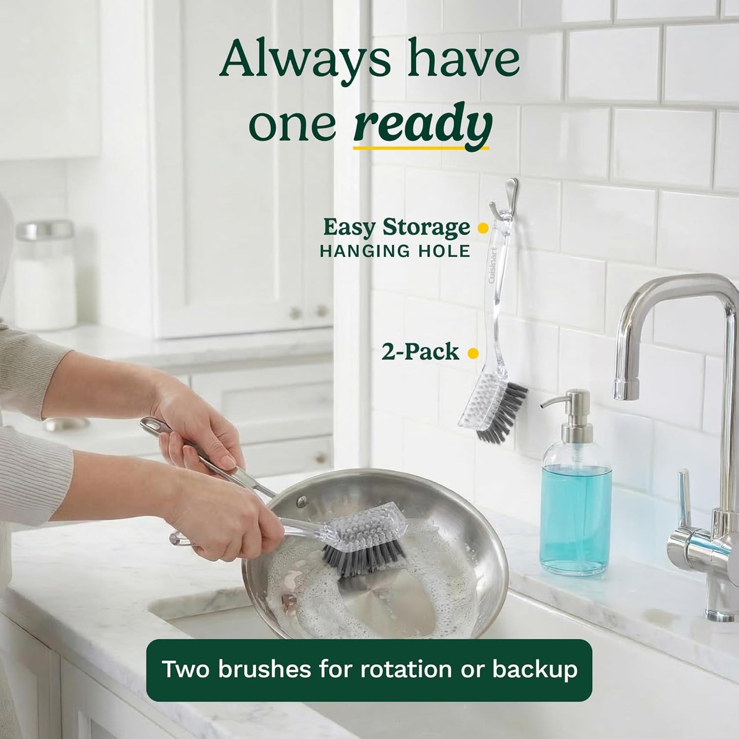 Cuisinart Dish Brush with Handle 2 Pack – Kitchen Scrub Brush for Dishes, Pots & Pans, Non-Scratch Dish Scrubber, Firm Bristles for Sink & Cookware, Comfortable Grip for Everyday Cleaning
