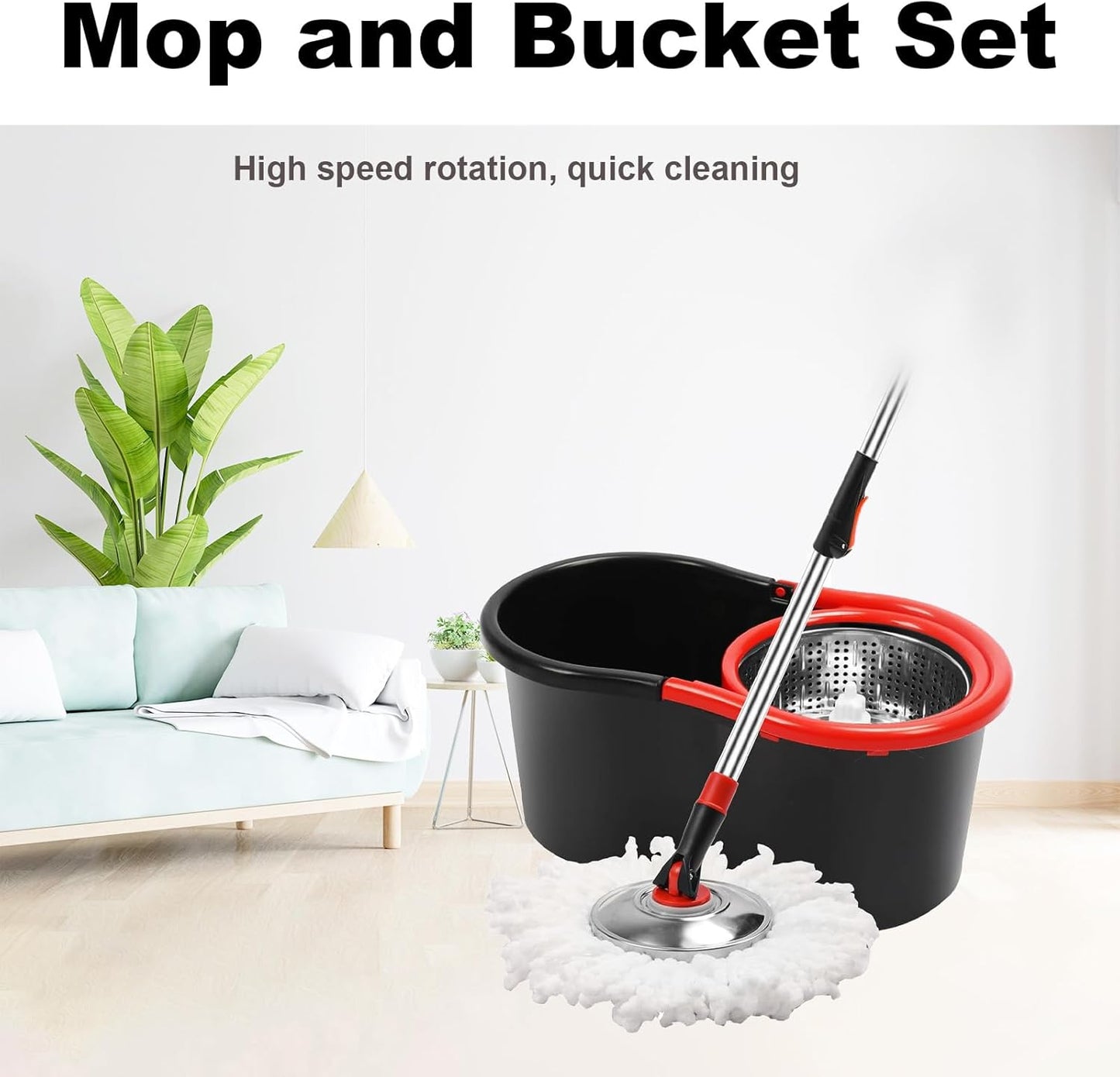 Spin Mop and Bucket Set, 360° Spinning Mop and Bucket System, for Mop Floor Cleaning, with 3 Microfiber Mop Replacement Heads and 61" Stainless Steel Adjustable Handle