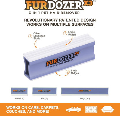 FurDozer Pet Hair Remover & Auto Detailing Tools - Cat & Dog Hair Remover for Carpets, Car Interiors, Couches, Bedding, & Pet Furniture (Gray, X3 PRO - 5" Long)