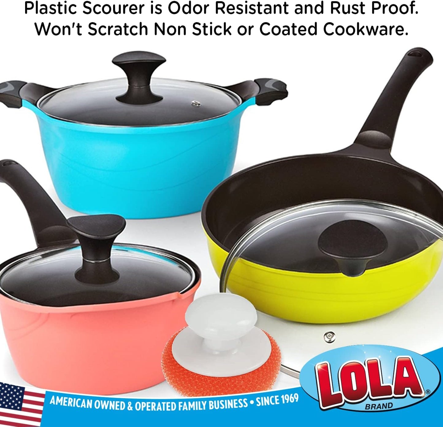 LOLA Plastic Mesh Scouring Pads - 3 Pack, 3.375" x 1.25", Non-Scratch Dish Scrubbers to Clean Dishes, Assorted Colors - Red, Blue & Yellow
