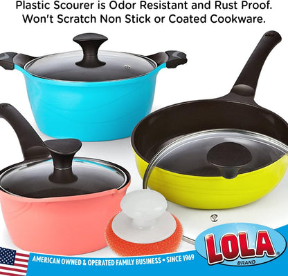 LOLA Plastic Mesh Scouring Pads - 3 Pack, 3.375" x 1.25", Non-Scratch Dish Scrubbers to Clean Dishes, Assorted Colors - Red, Blue & Yellow