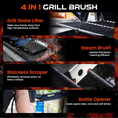 4-in-1 Bristle-Free Grill Brush — 18.8" Steam Grill Cleaner with Replaceable Head, Scraper & Bottle Opener, Long Non-Slip Heat-Resistant Handle