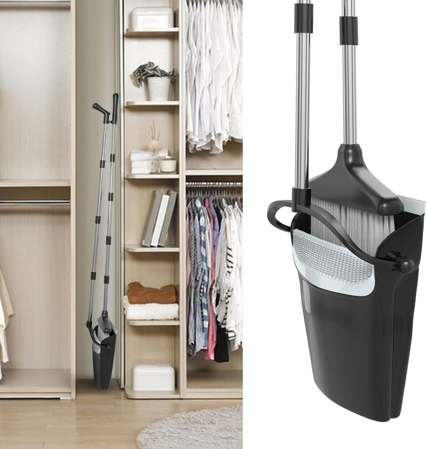 Broom with Dustpan Combo Set 54" Long Handle Adjustable Length Stainless Steel Broomstick Standing Dust Pan and Broom Set for Office Home Kitchen Lobby Floor Cleaning (Red and Black)