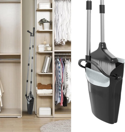 Broom with Dustpan Combo Set 54" Long Handle Adjustable Length Stainless Steel Broomstick Standing Dust Pan and Broom Set for Office Home Kitchen Lobby Floor Cleaning (Red and Black)