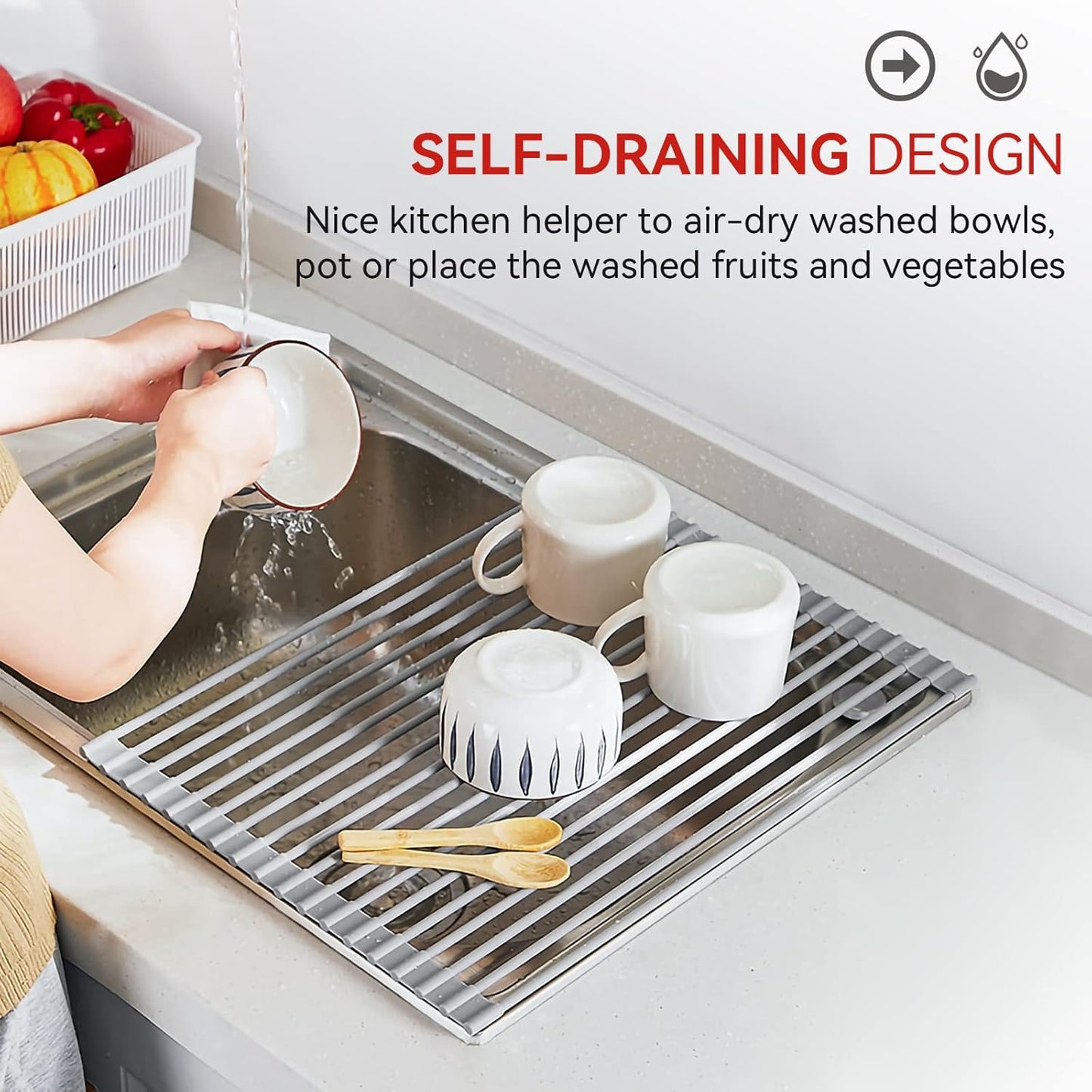 MERRYBOX Triangle Roll Up Dish Drying Rack Over The Sink, 2025 Anti-Rust Sink Drying Rack with Full Silicone Wrapped for Top of Corner, Anti-Slip Organizer for Kitchen