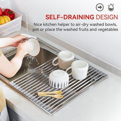 MERRYBOX Triangle Roll Up Dish Drying Rack Over The Sink, 2025 Anti-Rust Sink Drying Rack with Full Silicone Wrapped for Top of Corner, Anti-Slip Organizer for Kitchen