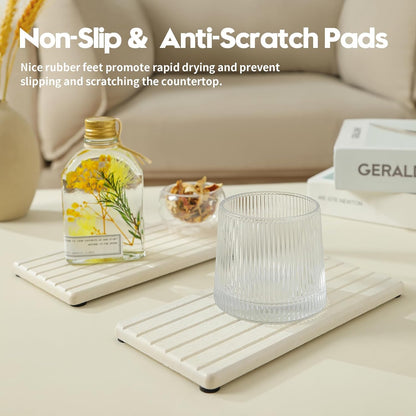 2PCS Water Absorbing Stone Drying Tray Mat for Bathroom Sink & Kitchen Counter Faucet Organizer, Quick Dry Dish Rack Soap Dispenser Sponge Holder, Vanity Sink Caddy Bar Coaster, Ivory White 8“x 4”