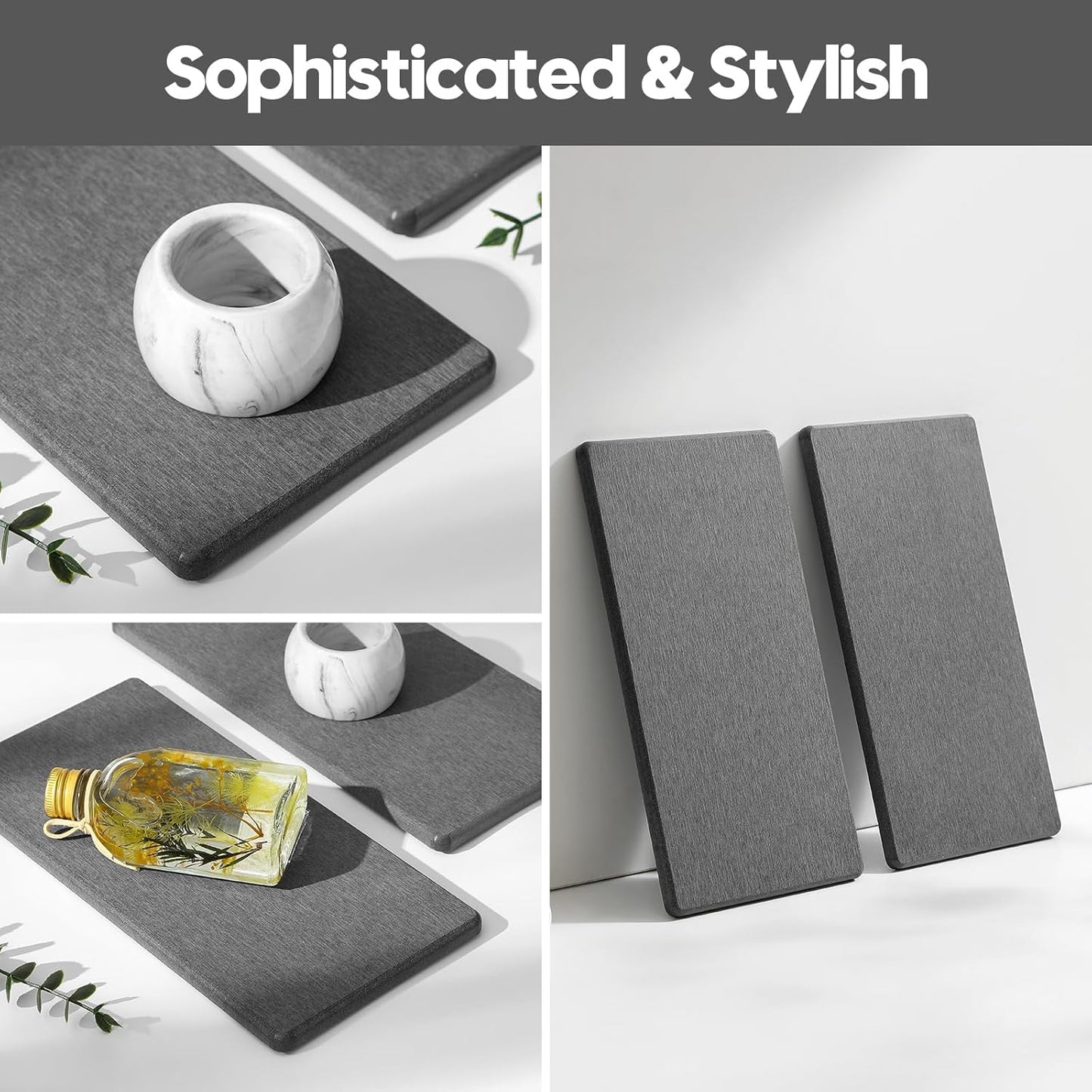 2PCS Water Absorbing Stone Drying Tray for Kitchen Counter & Bathroom Sink, Diatomite Faucet Splash Guard, Soap Dispenser Rack & Sponge Holder Caddy Organizer, Marble White (Printed Pattern), 9"x 3.5"