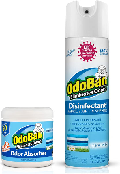 OdoBan Ready-to-Use Disinfectant and Harsh Aroma Eliminator, Cleaner and Fabric/Air Freshener, Set of 2, 14.6 Ounce 360-Degree Continuous Spray and 32 Ounce Trigger Spray, Fresh Linen Scent