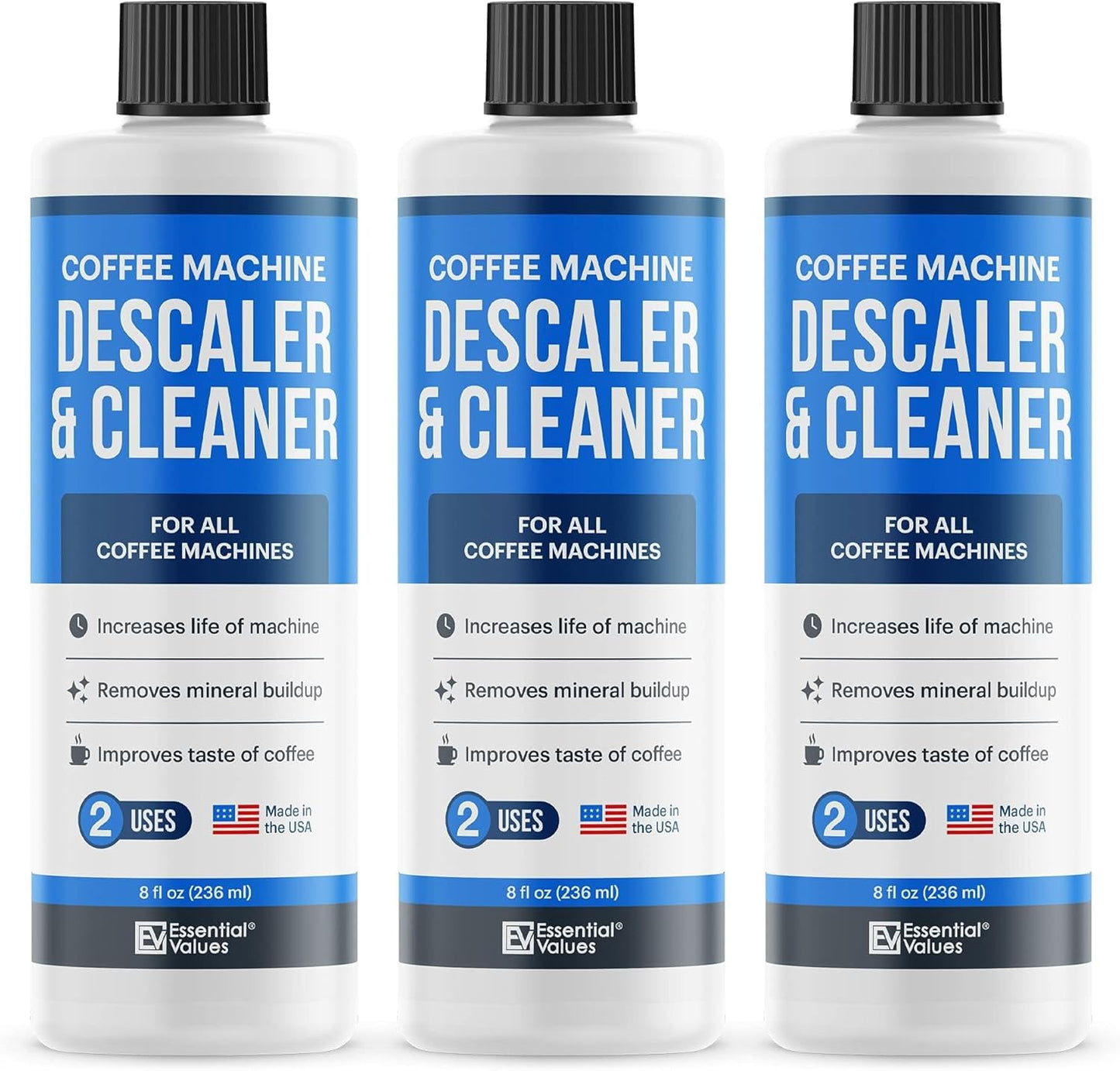 Essential Values Descaling Solution (8 fl oz / 236 ml) – Coffee Maker Cleaner for Nespresso, Keurig, Breville & More – Works on All Machines & Espresso Makers – Made in USA