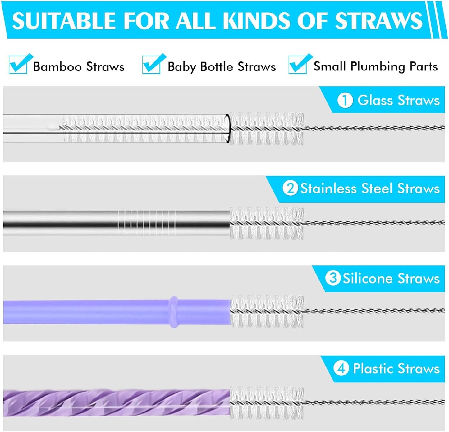Straw Cleaner Brush 8PCS Long Straw Brushes Reusable Nylon Tube Brush Drinking Straw Cleaning Brush Set for Water Bottle, Straws, Tube, Flasks (8PCS Style 2)