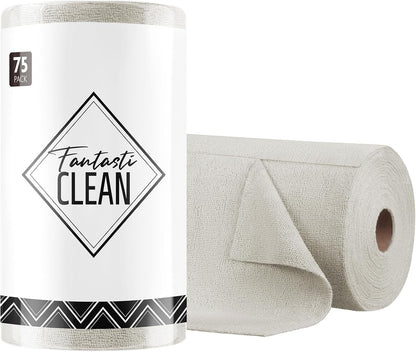 Fantasticlean Microfiber Cleaning Cloth Roll -75 Pack, Tear Away Microfiber Towels, 12" x 12", Reusable, Washable, Scratch Free, Ultra Absorbent Dishcloth for All-Around Cleaning Supplies (White)