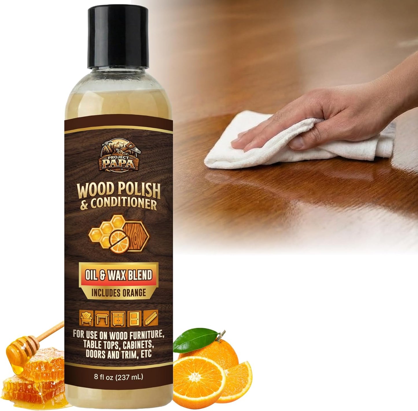 Natural Wood Polish & Conditioner with Orange Oil - Beeswax Furniture Polish and Cleaner, Oil & Wax Blend for Furniture, Cabinets, Tables, Doors & Trim, Enhances Color & Grain, Wood Care, 8 fl oz
