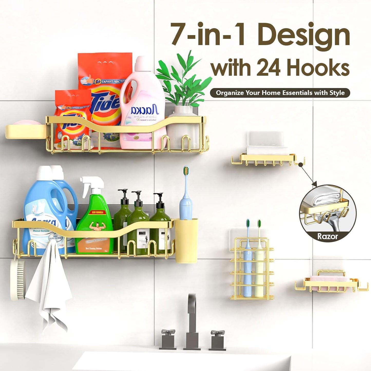 NESOMI Shower Caddy Adhesive Shower Organizer 7-Pack, Rustproof Stainless Steel Bathroom Shelves, Large Capacity No-Drill Rack Storage Accessories with Soap Dish Toothbrush Holder &24 Hooks Home Decor