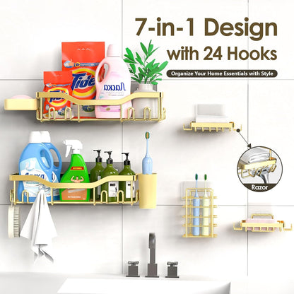 NESOMI Shower Caddy Adhesive Shower Organizer 7-Pack, Rustproof Stainless Steel Bathroom Shelves, Large Capacity No-Drill Rack Storage Accessories with Soap Dish Toothbrush Holder &24 Hooks Home Decor