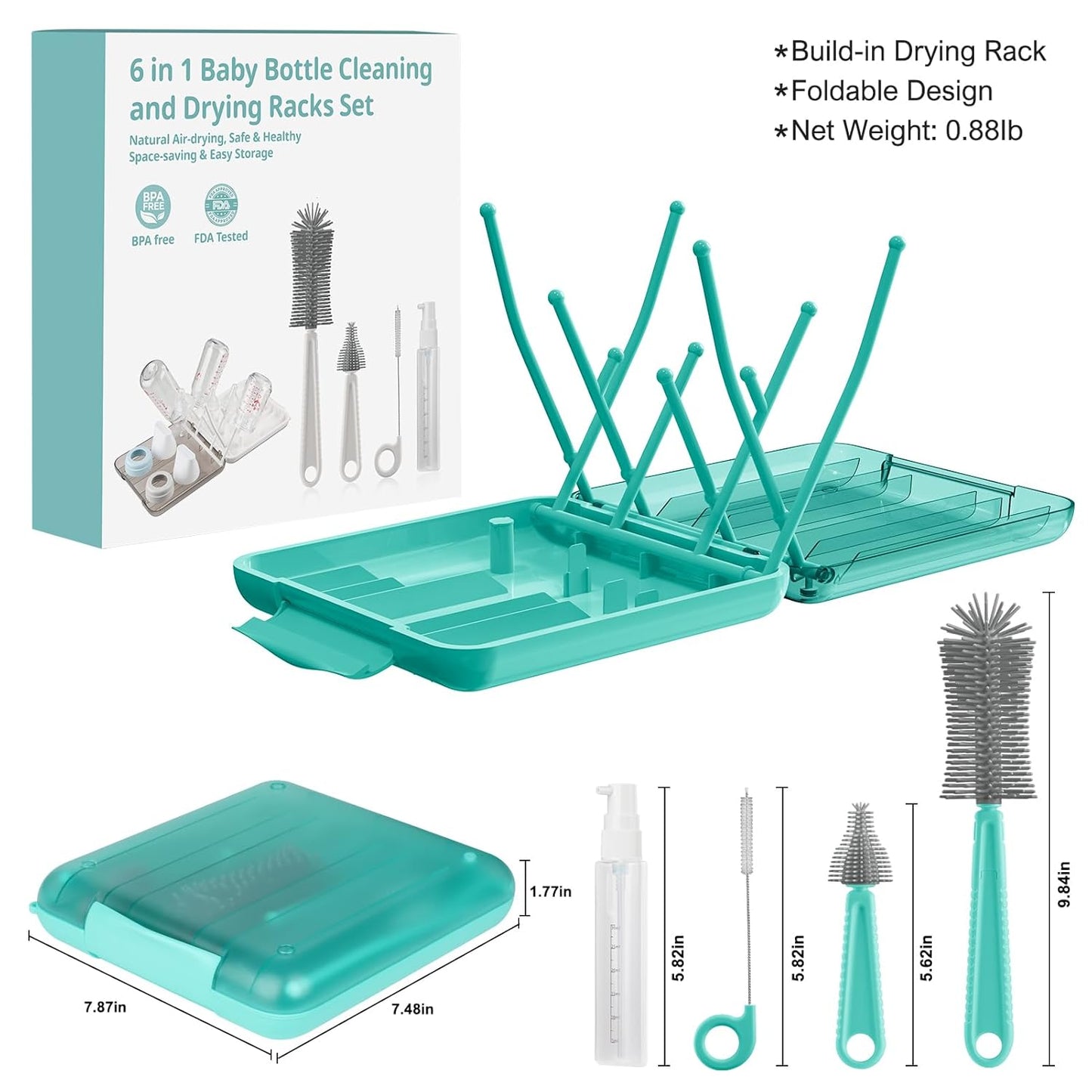 Bottle Brush Set -Baby Travel Essential-6 in 1 Bottle Cleaner Kit with Silicone Bottle Brush,Nipple Cleaner Brush,Straw Brush,Soap Dispenser,Storage Box,Bottle Drying Rack for Home and Travel(Green)