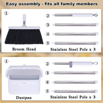 Heavy Duty Broom and Standing Dustpan Combo Set, Rotatable Head Dust Pan and Brush Set with Collapsible Handle, Cleaning Teeth, Hanging Loop, Ideal for Pets, RV, Kitchen, Camping, Outdoor Floor, White